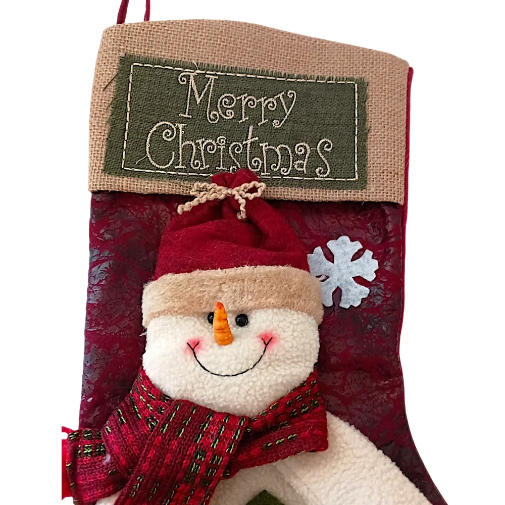 3D Snowman‎ Plush Christmas Stocking Felt Merry Christmas Embroidery Farmhouse